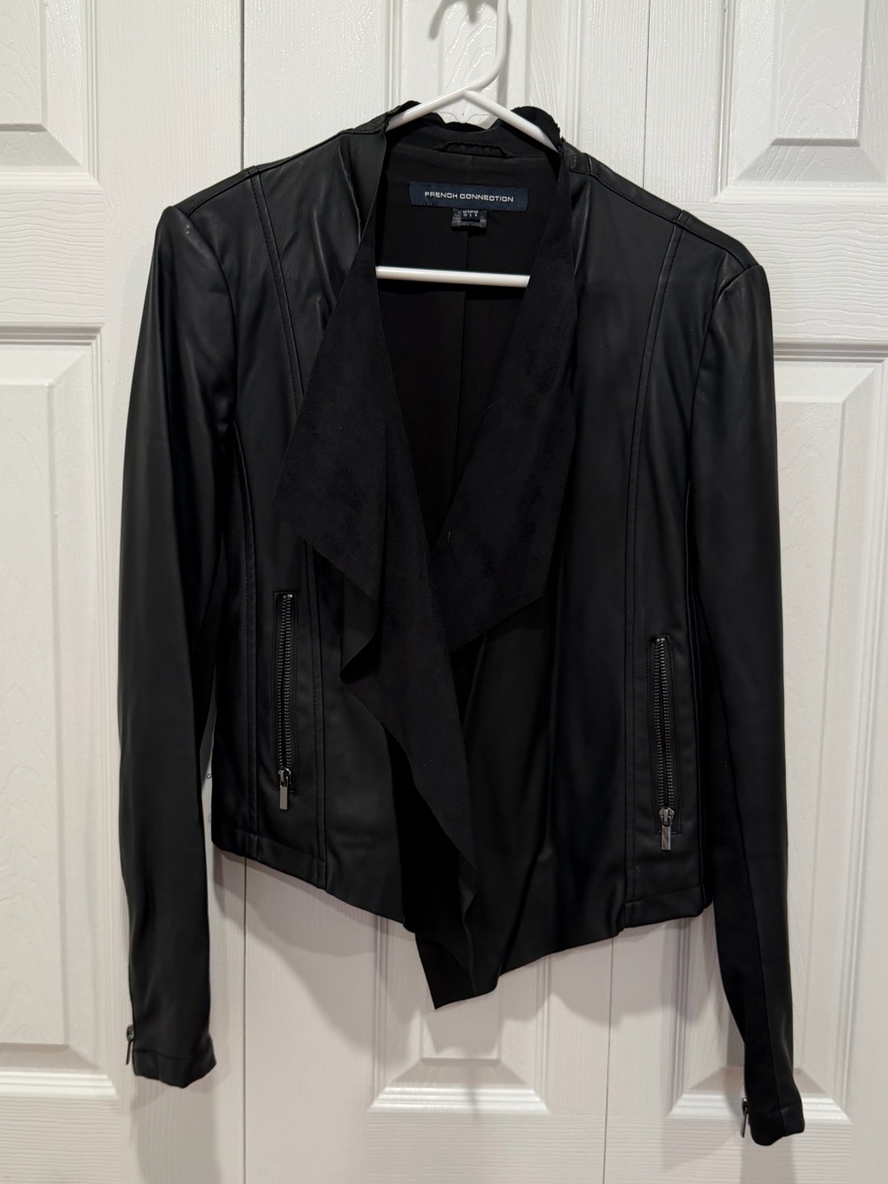 French Connection Black Draped Faux Leather Jacket
